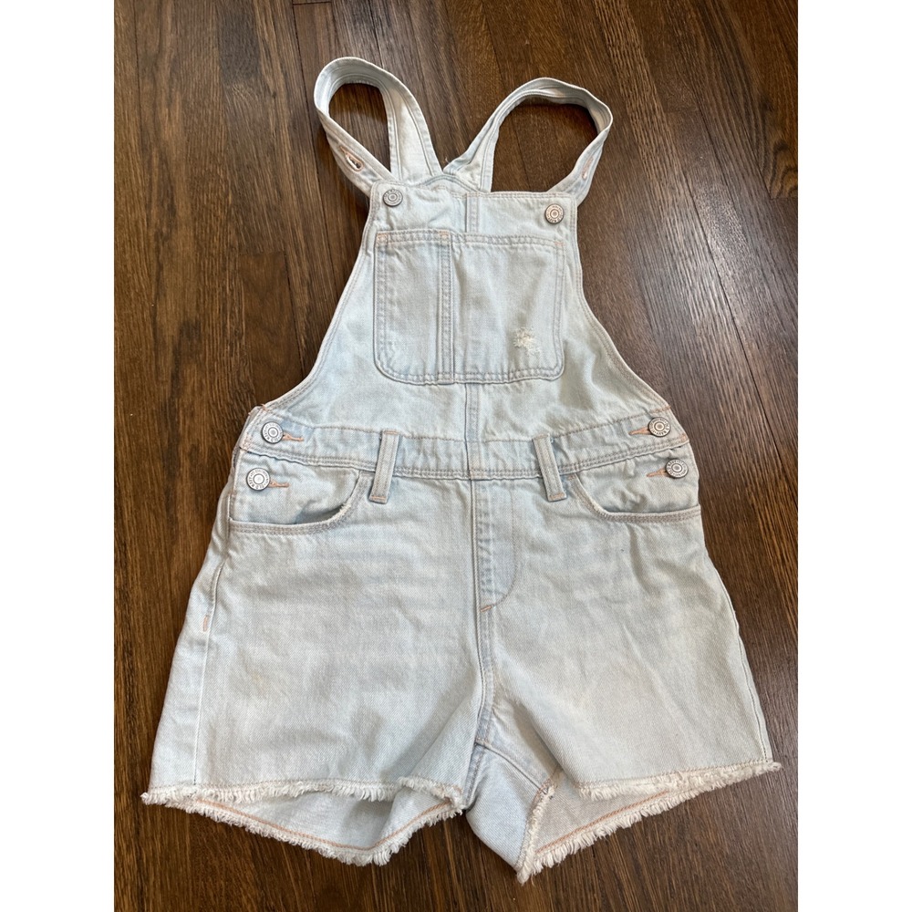 Old Navy Girls Light Wash Denim Shortalls Bib Overalls Size L 10-12 Frayed Hem